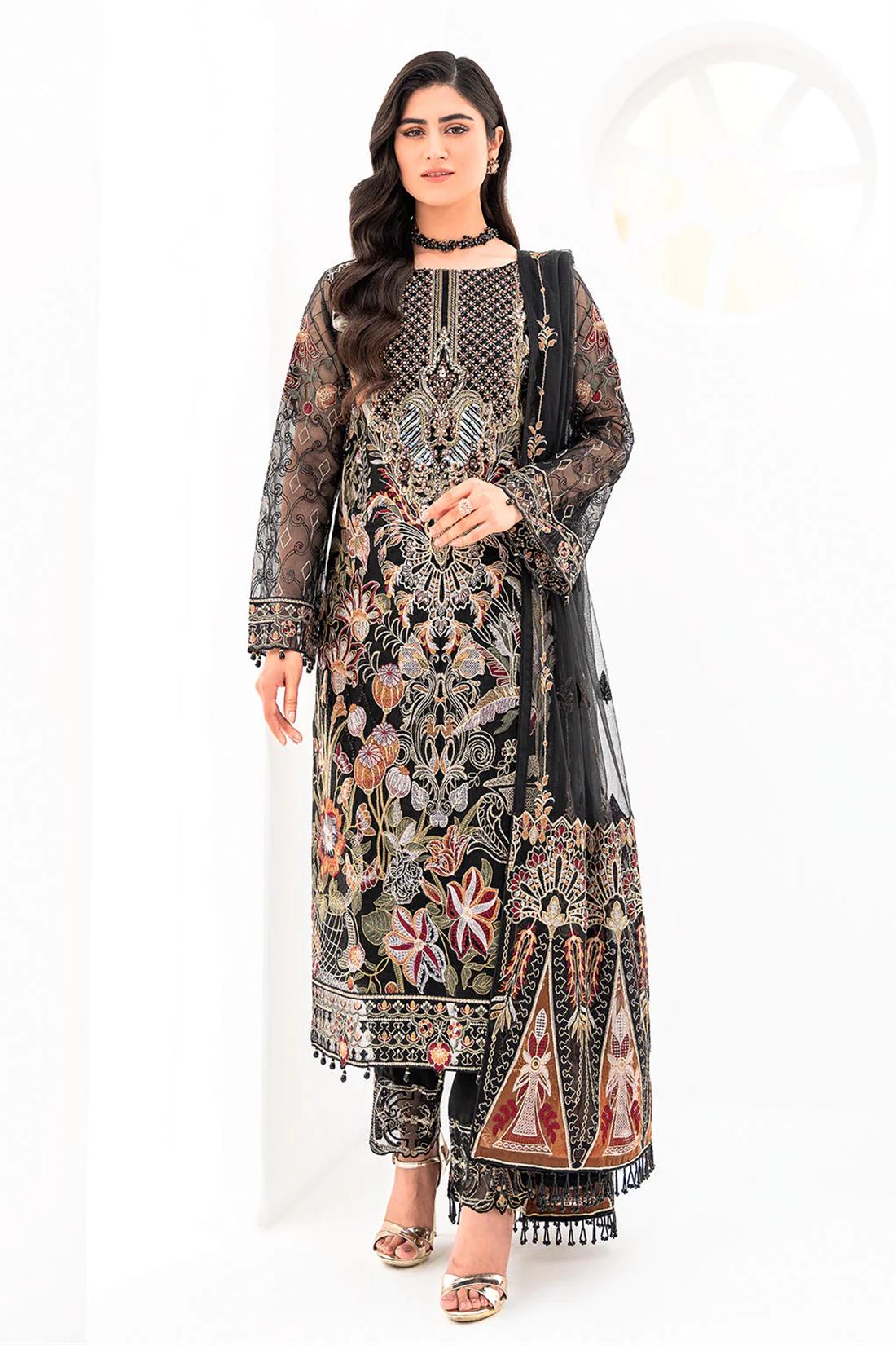 Black Embroidered Raw Silk Ladies Readymade
