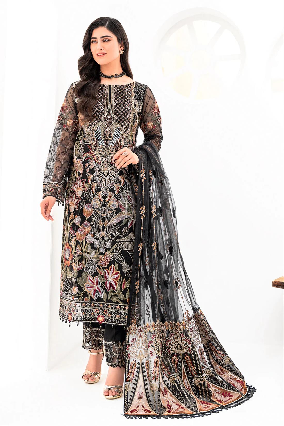 Black Embroidered Raw Silk Ladies Readymade