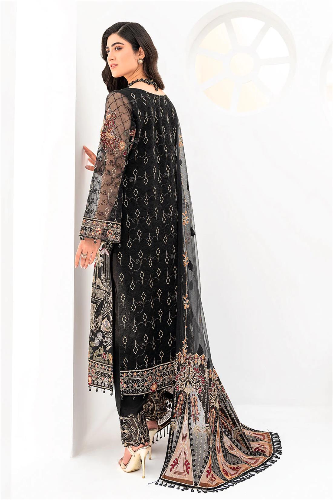 Black Embroidered Raw Silk Ladies Readymade