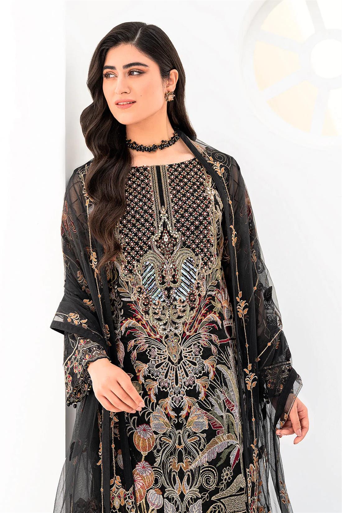 Black Embroidered Raw Silk Ladies Readymade