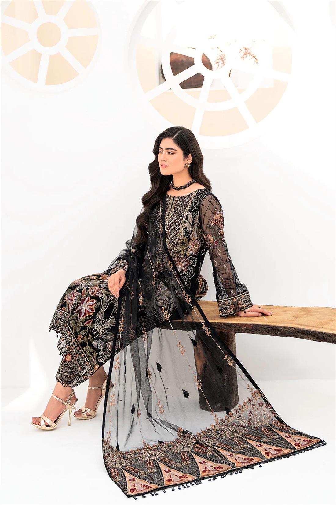 Black Embroidered Raw Silk Ladies Readymade