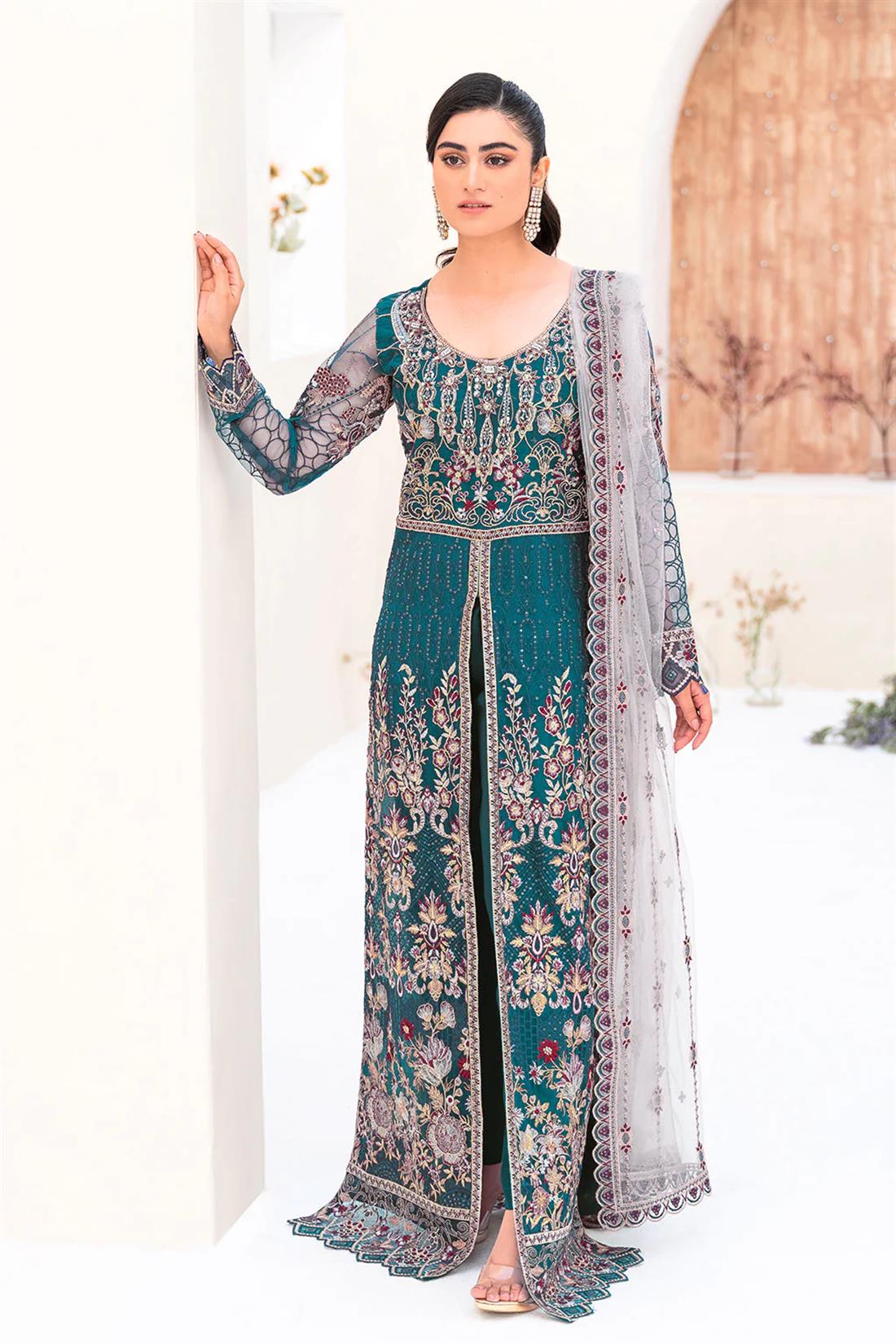 Teal Blue Embroidered Raw Silk Ladies Readymade