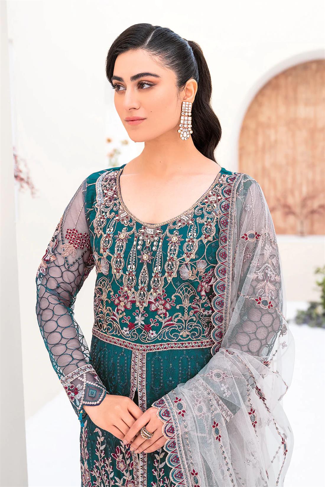 Teal Blue Embroidered Raw Silk Ladies Readymade