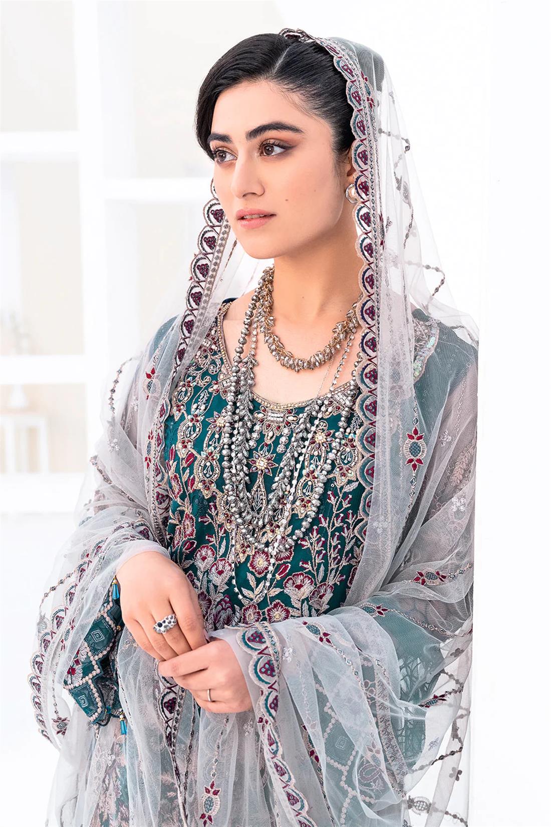 Teal Blue Embroidered Raw Silk Ladies Readymade