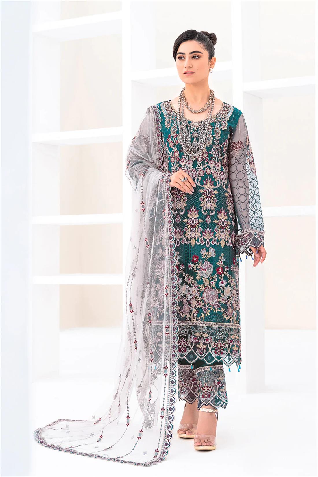 Teal Blue Embroidered Raw Silk Ladies Readymade