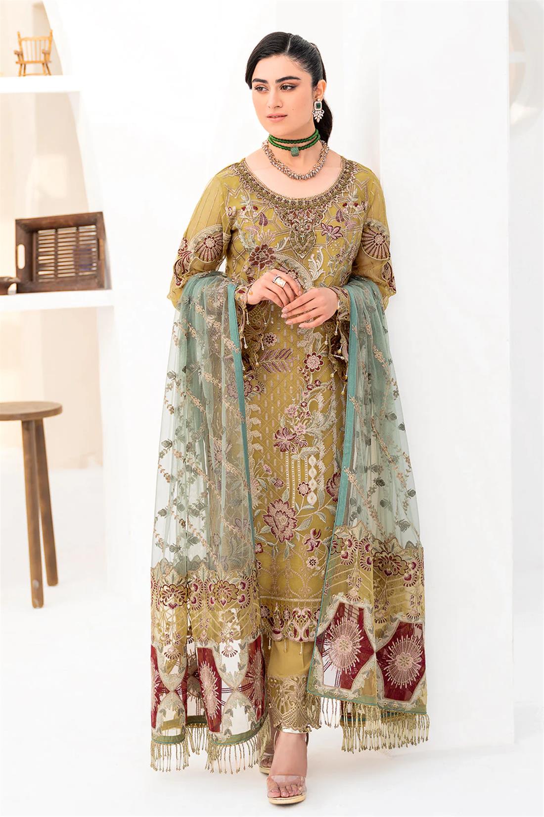 Mustard Embroidered Raw Silk Ladies Readymade