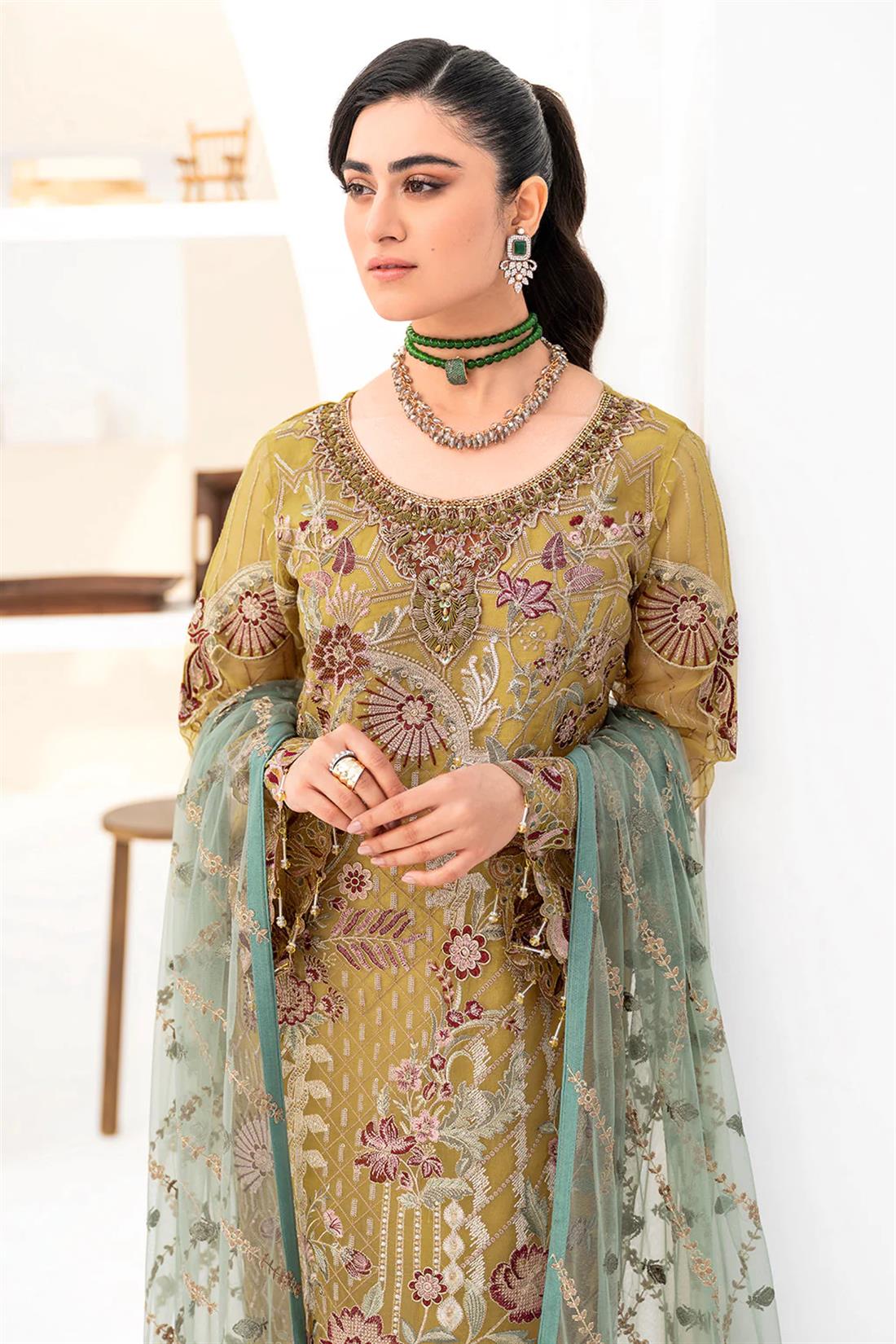 Mustard Embroidered Raw Silk Ladies Readymade
