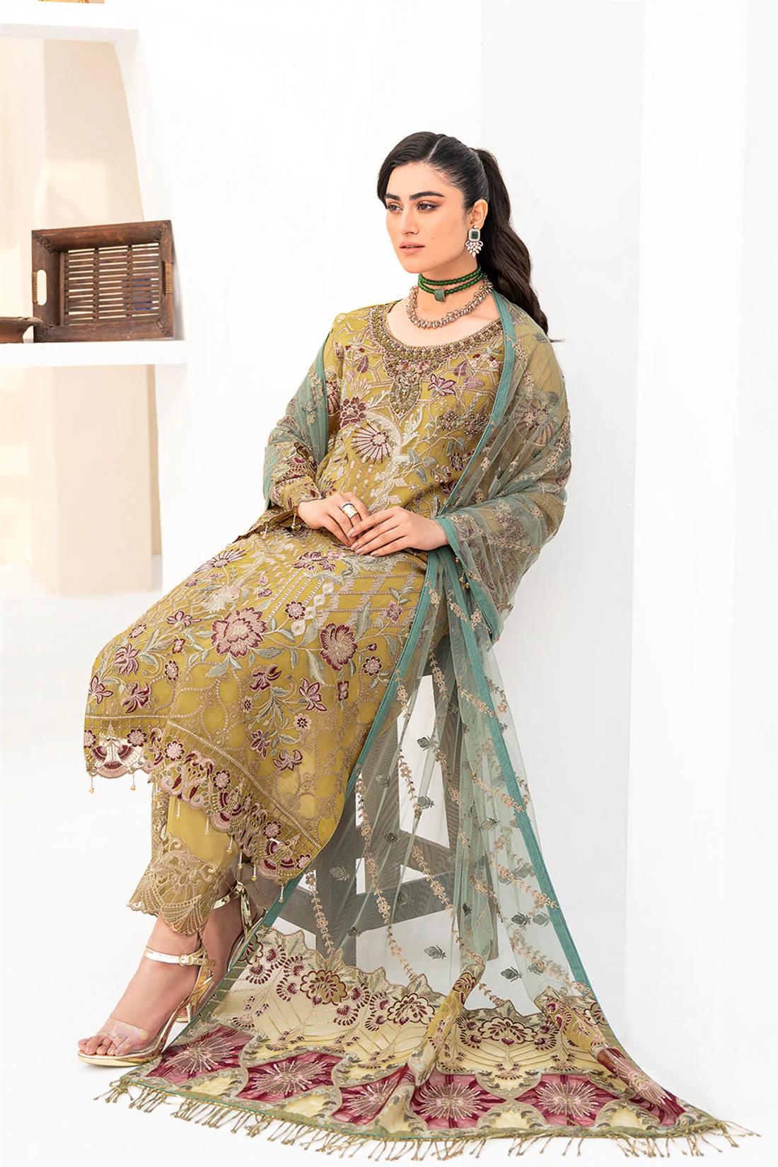 Mustard Embroidered Raw Silk Ladies Readymade