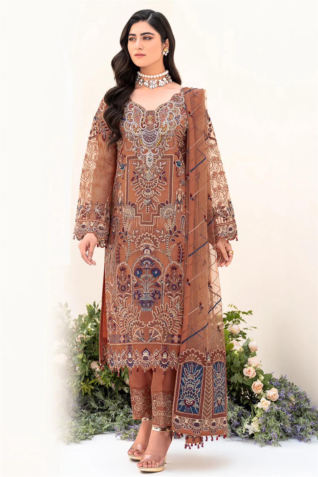 Burnt Orange Embroidered Raw Silk Ladies Readymade
