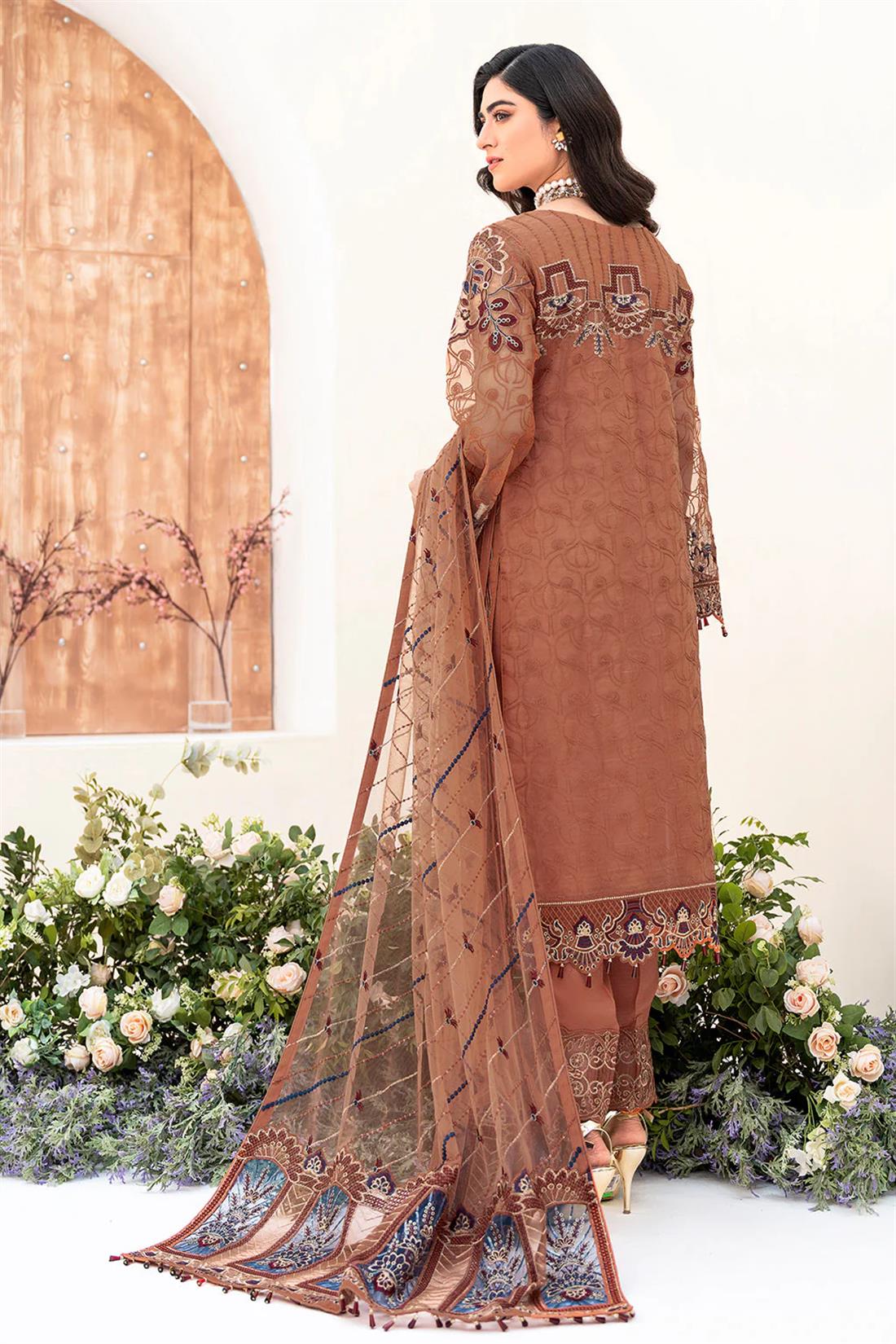 Burnt Orange Embroidered Raw Silk Ladies Readymade