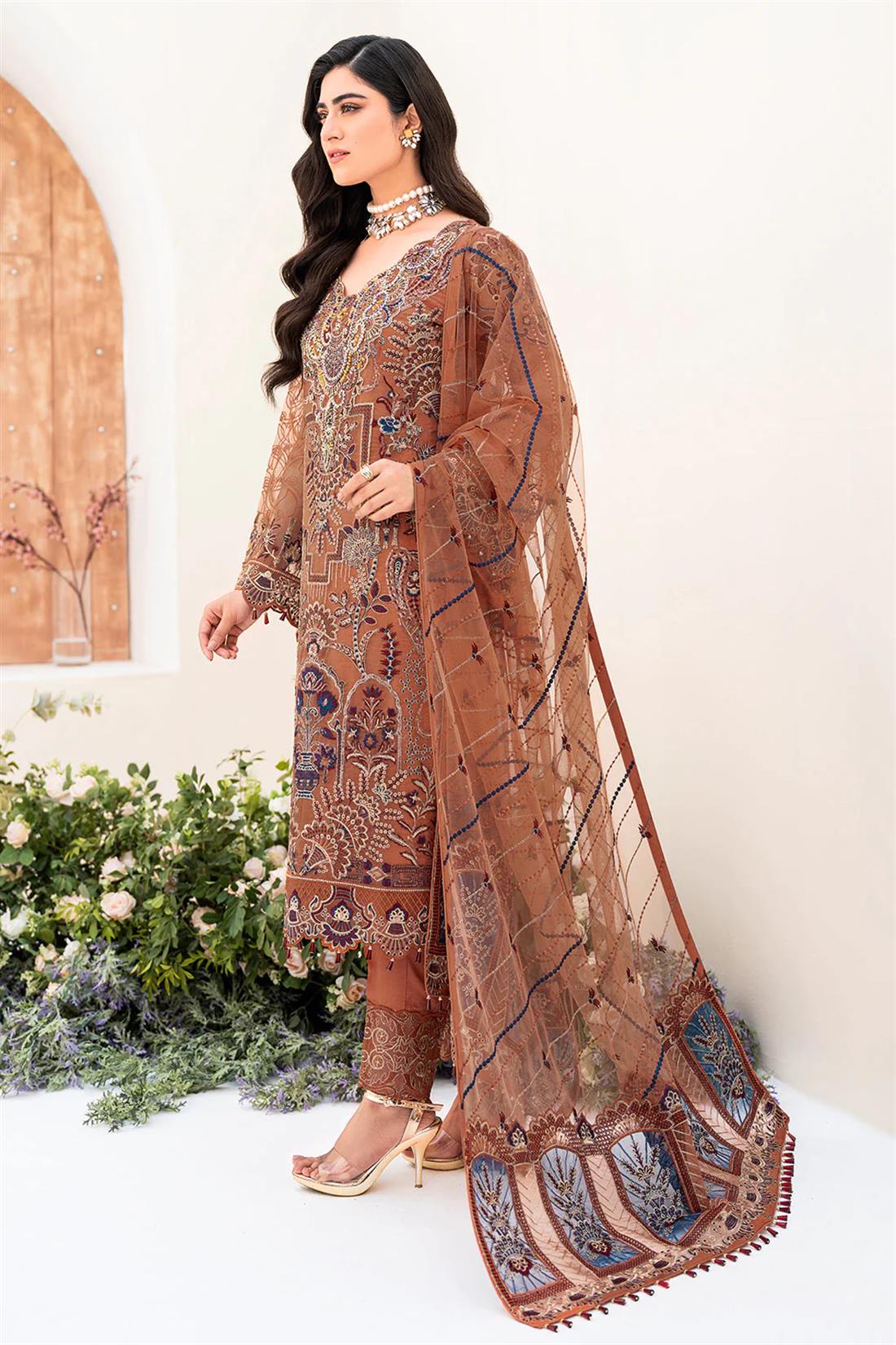 Burnt Orange Embroidered Raw Silk Ladies Readymade