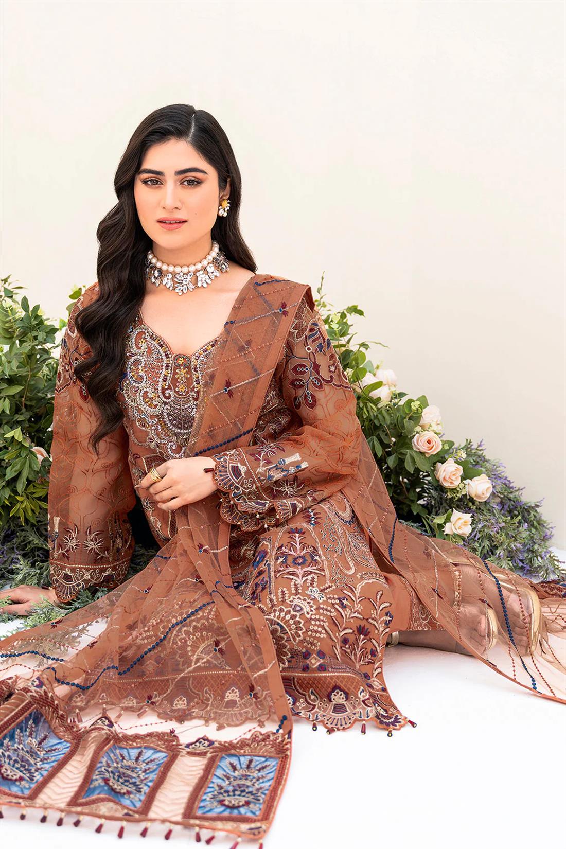 Burnt Orange Embroidered Raw Silk Ladies Readymade