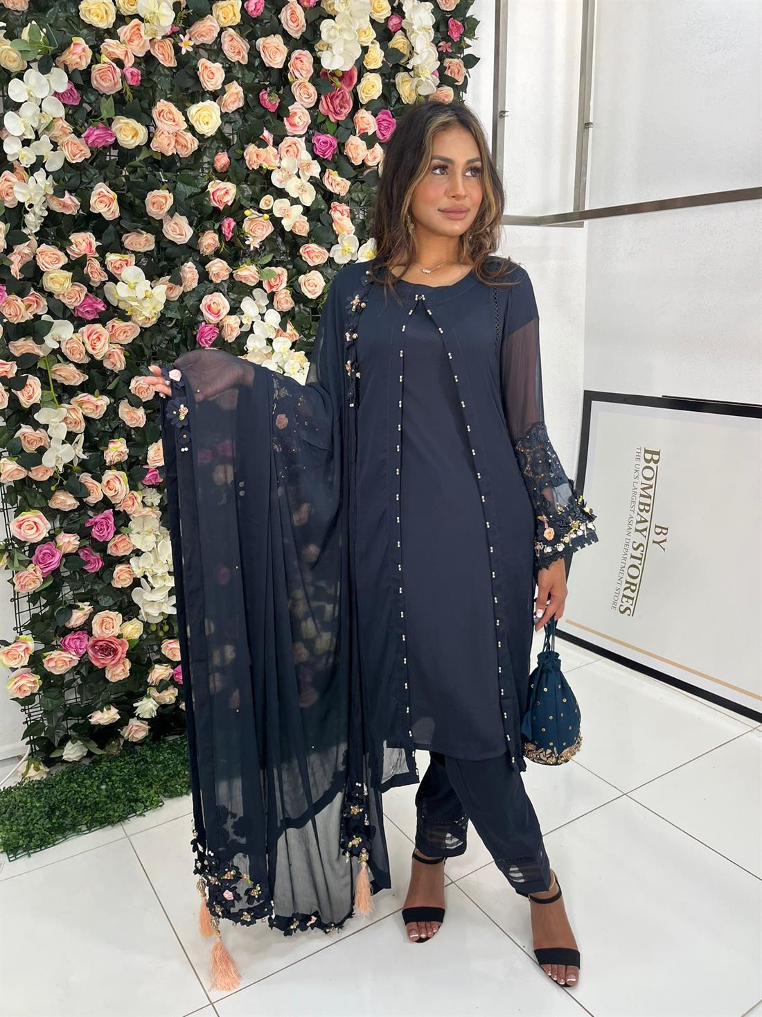 Navy Blue Embroidered Chiffon Ladies Readymade