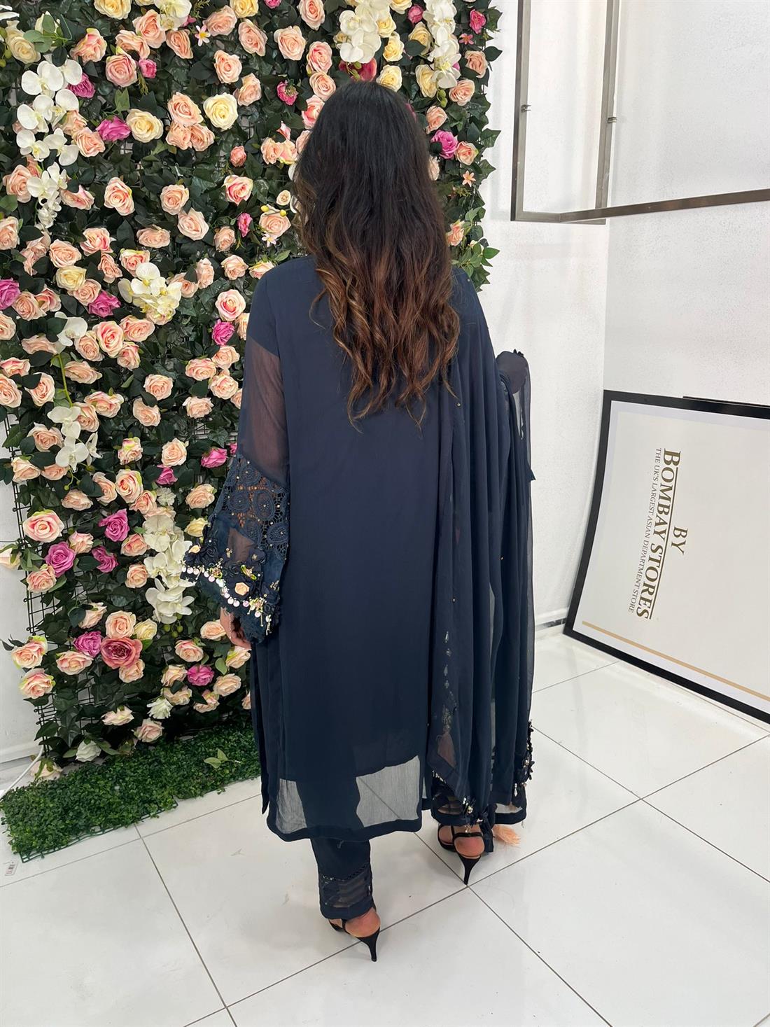 Navy Blue Embroidered Chiffon Ladies Readymade