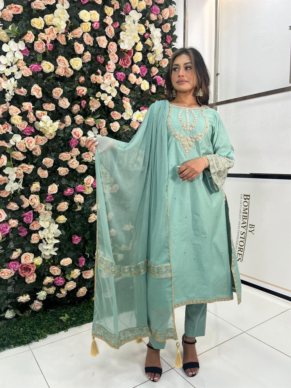 Mint Pearl Embroidered Kameez with Chiffon Dupatta and Trouser