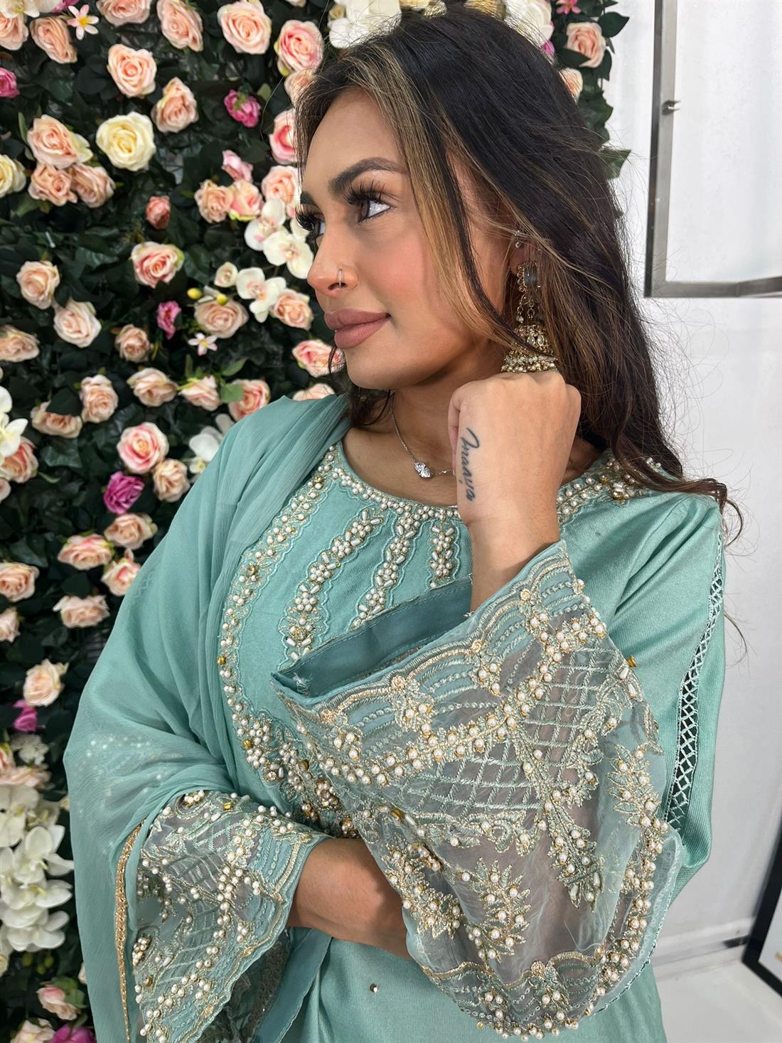 Mint Pearl Embroidered Kameez with Chiffon Dupatta and Trouser
