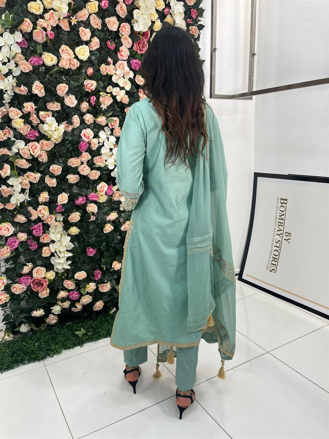 Mint Pearl Embroidered Kameez with Chiffon Dupatta and Trouser