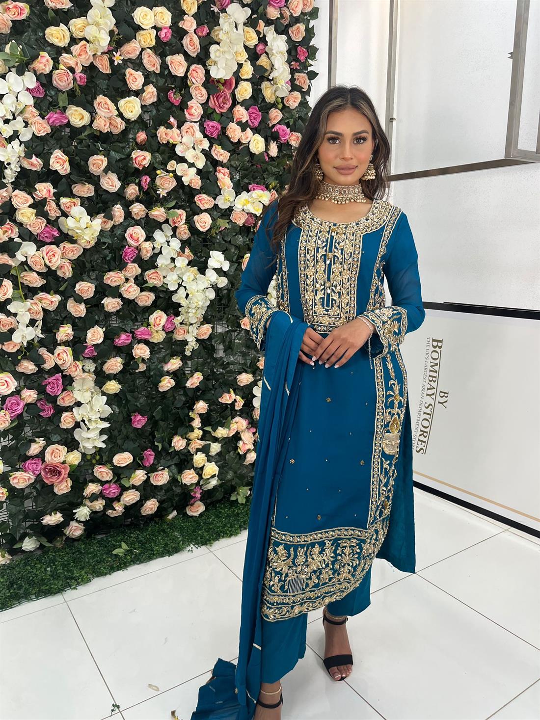Teal Embroidered Kameez with Chiffon Dupatta and Viscose Trouser