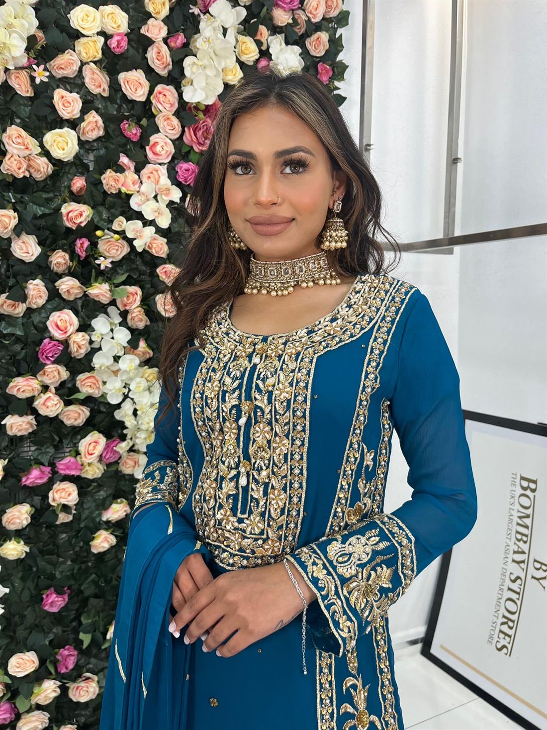 Teal Embroidered Kameez with Chiffon Dupatta and Viscose Trouser
