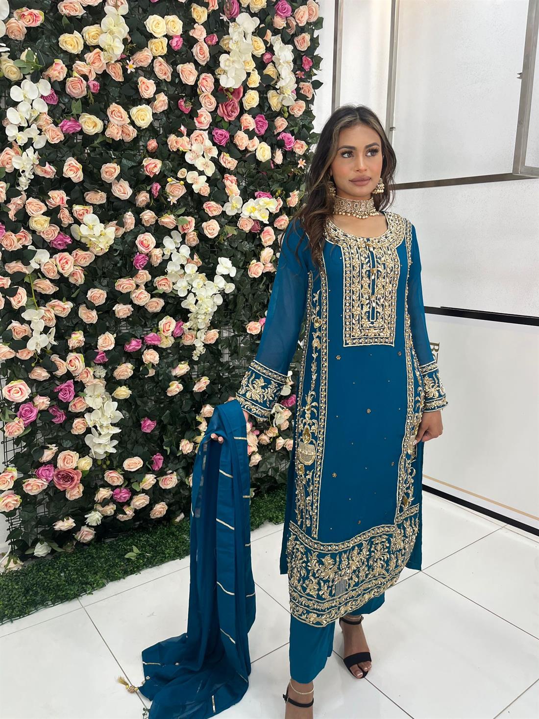 Teal Embroidered Kameez with Chiffon Dupatta and Viscose Trouser