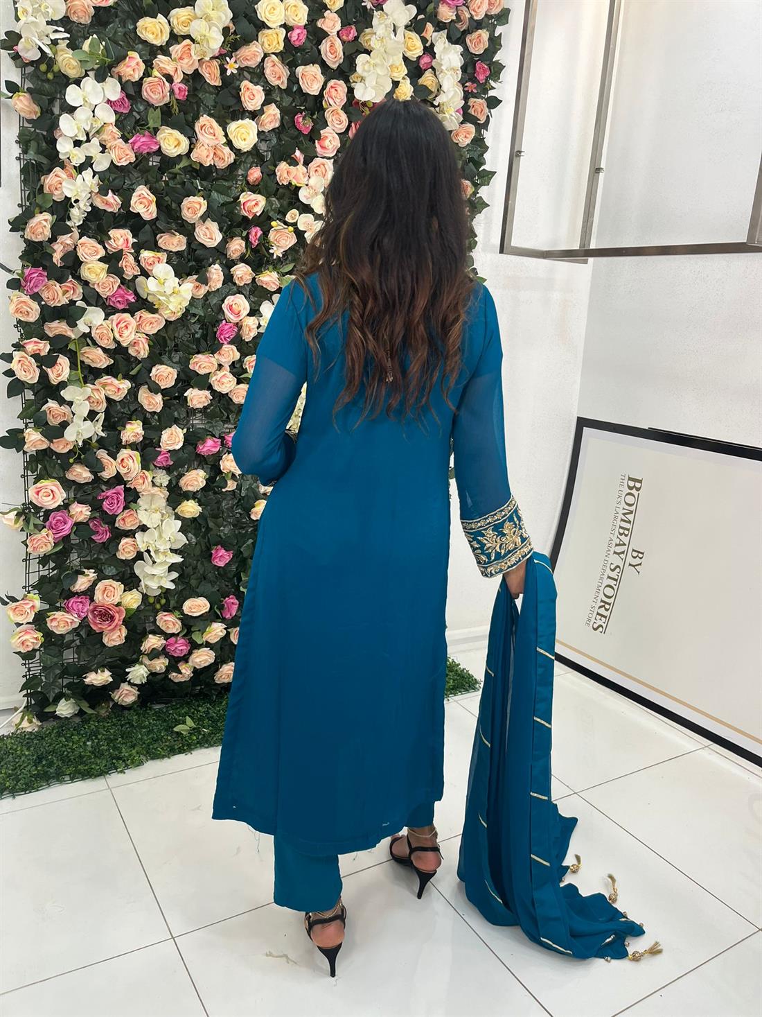 Teal Embroidered Kameez with Chiffon Dupatta and Viscose Trouser