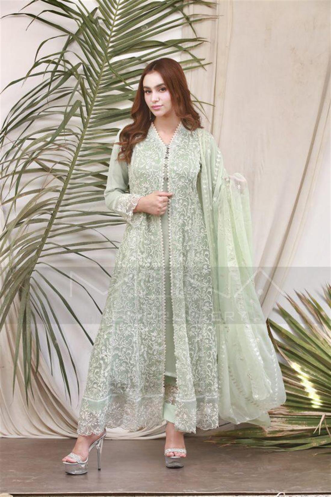 Mint Chiffon Heavy Embroidered Suit