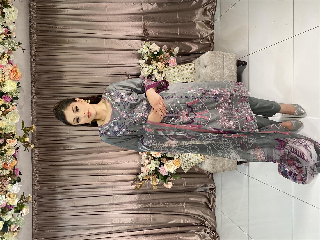 Grey Embroidered Chiffon Ladies Readymade