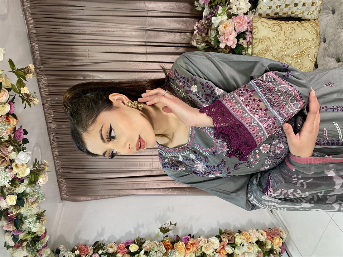 Grey Embroidered Chiffon Ladies Readymade