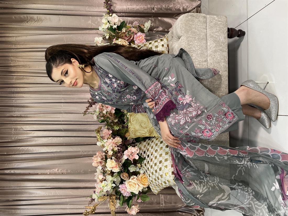 Grey Embroidered Chiffon Ladies Readymade