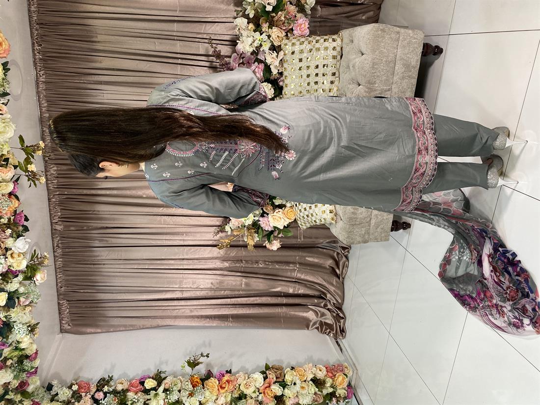 Grey Embroidered Chiffon Ladies Readymade