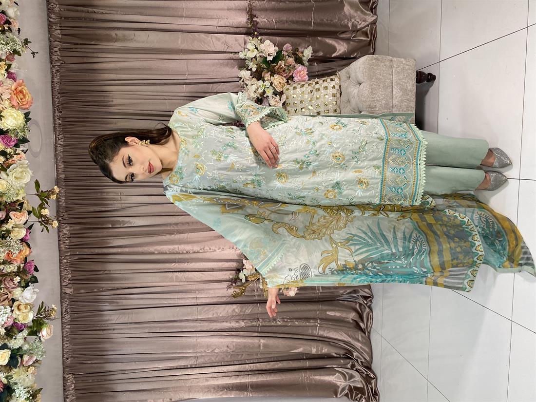 Mint Embroidered Chiffon Ladies Readymade