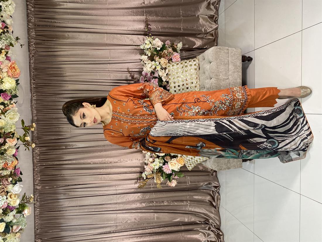 Burnt Orange Embroidered Chiffon Ladies Readymade