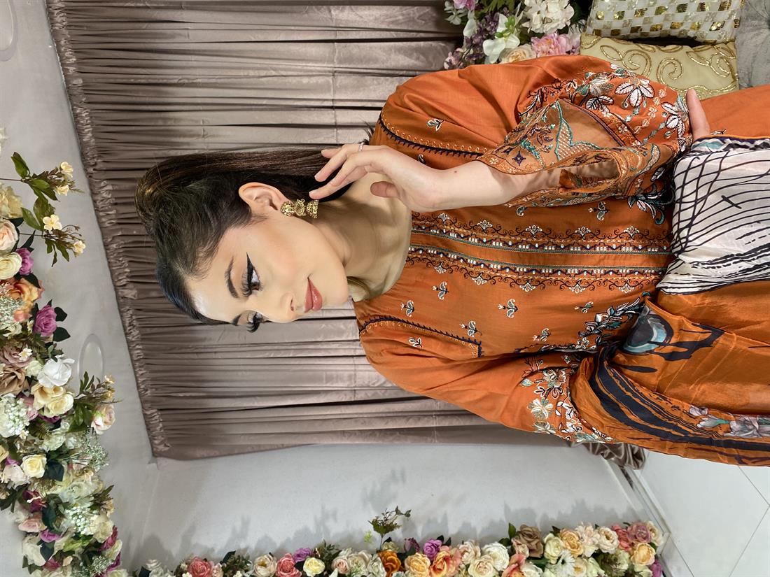 Burnt Orange Embroidered Chiffon Ladies Readymade