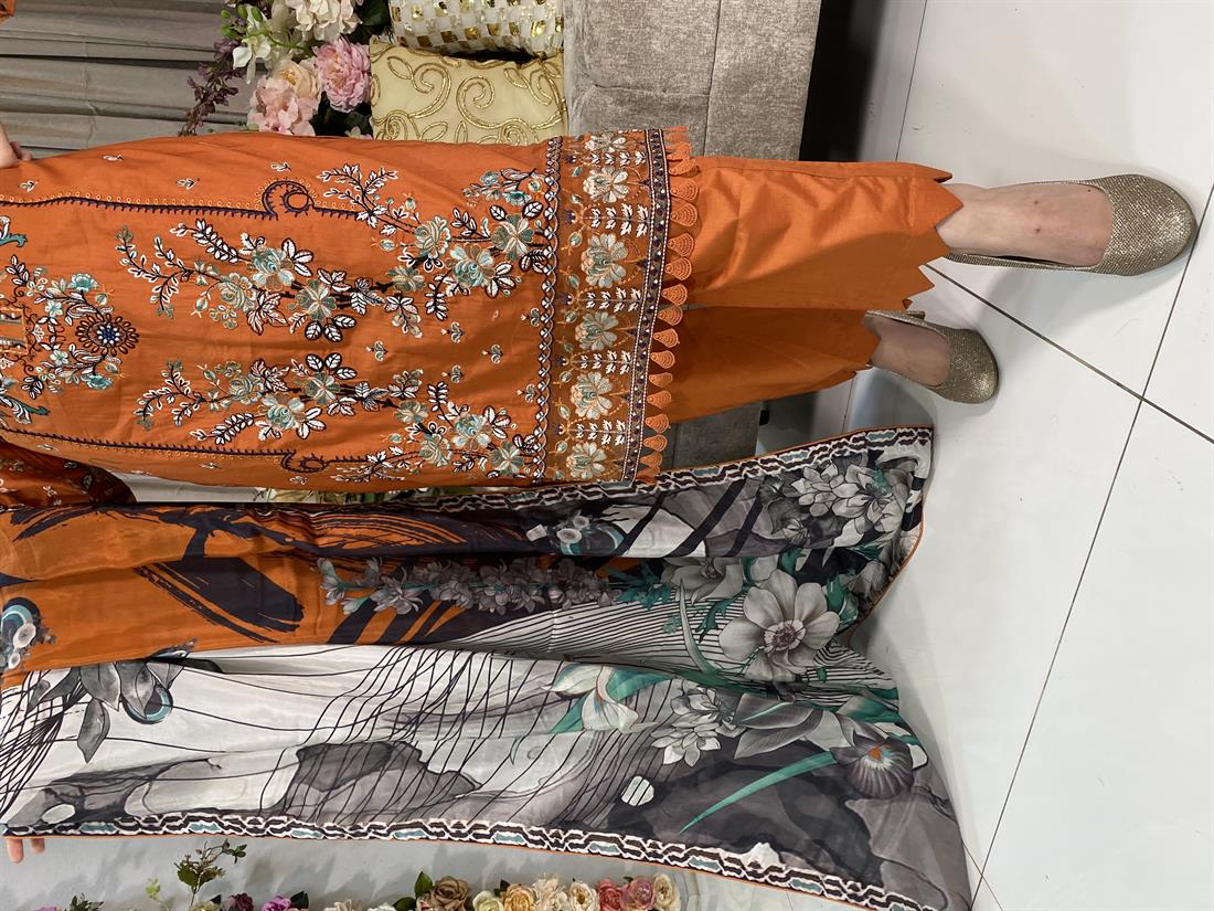 Burnt Orange Embroidered Chiffon Ladies Readymade