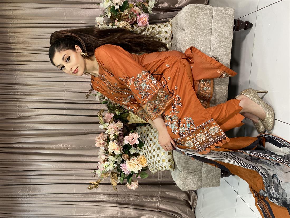 Burnt Orange Embroidered Chiffon Ladies Readymade