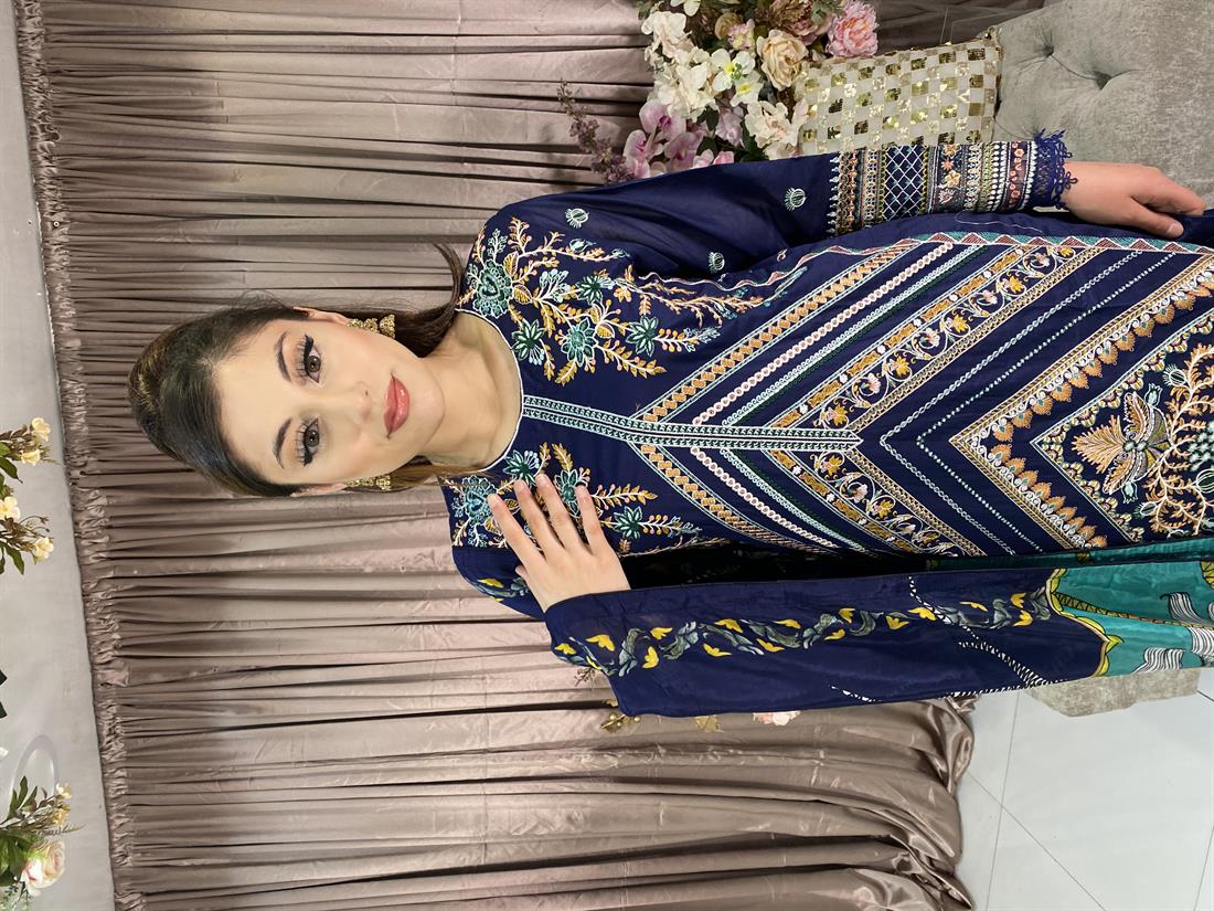 Navy Blue Embroidered Chiffon Ladies Readymade