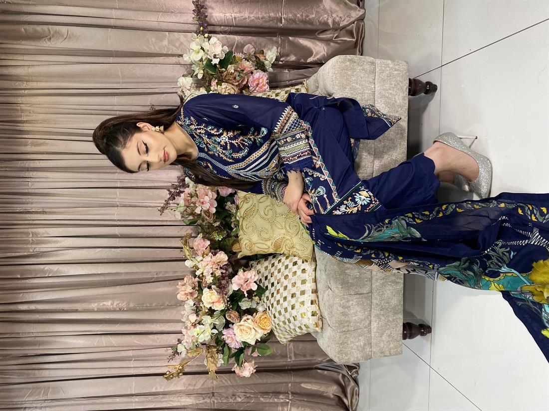 Navy Blue Embroidered Chiffon Ladies Readymade
