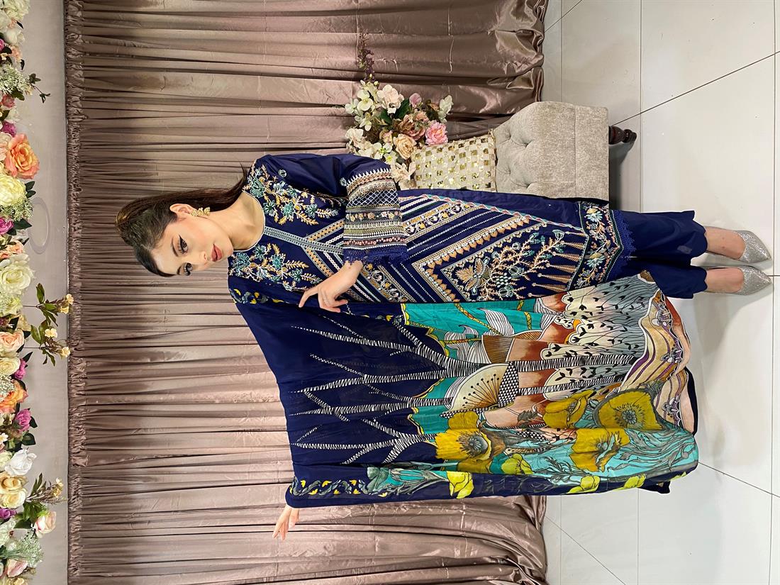 Navy Blue Embroidered Chiffon Ladies Readymade