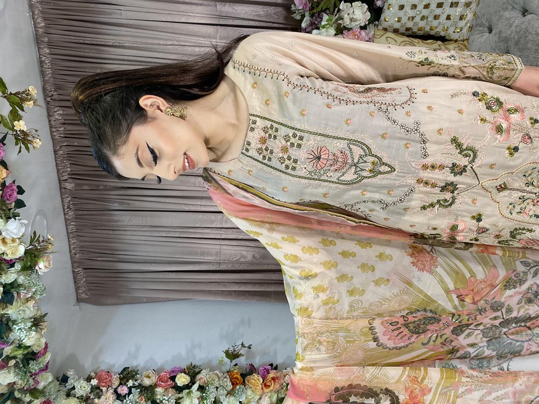 Beige Embroidered Chiffon Ladies Readymade