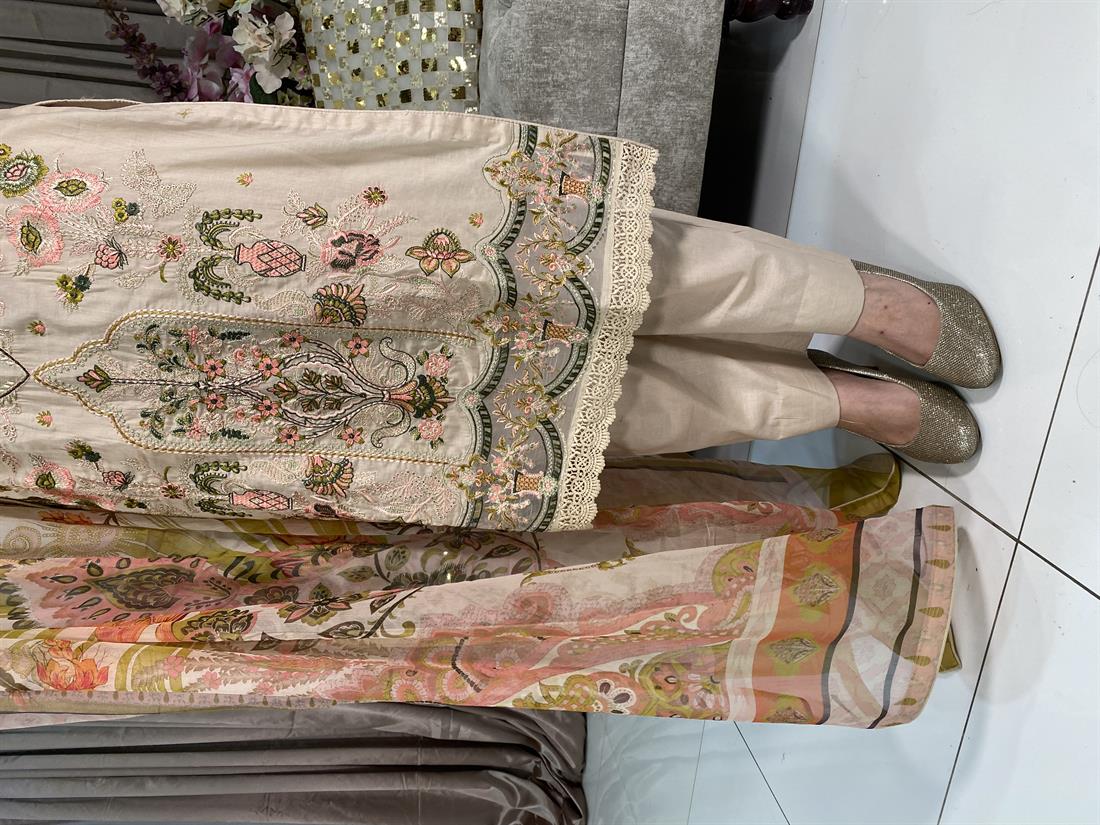 Beige Embroidered Chiffon Ladies Readymade