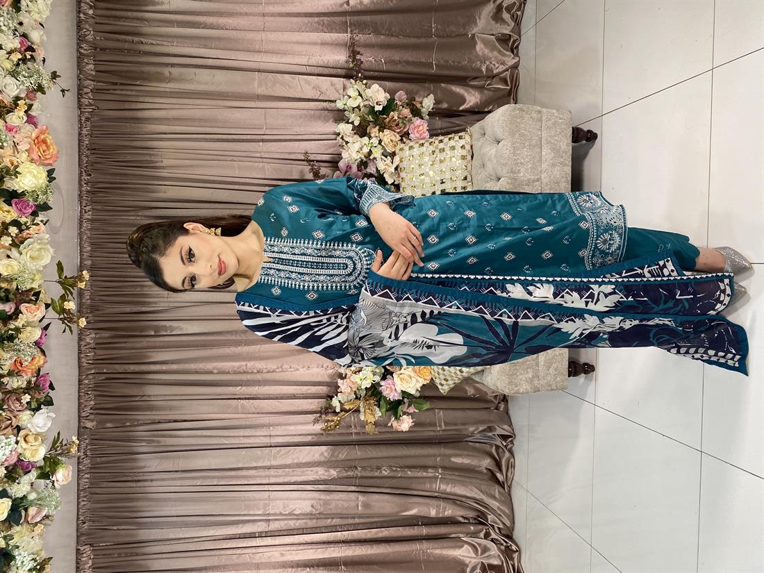 Teal Embroidered Chiffon Ladies Readymade