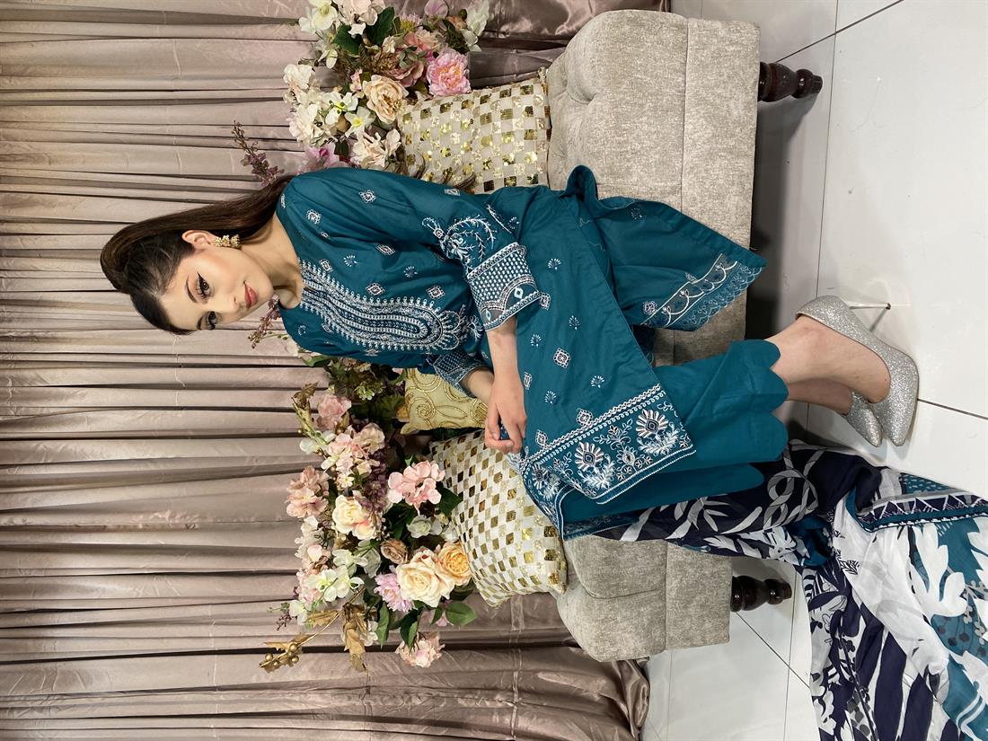 Teal Embroidered Chiffon Ladies Readymade