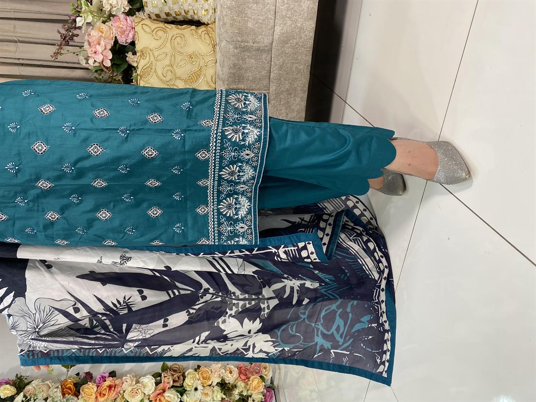 Teal Embroidered Chiffon Ladies Readymade