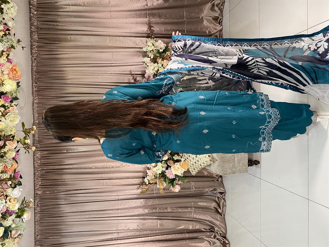 Teal Embroidered Chiffon Ladies Readymade