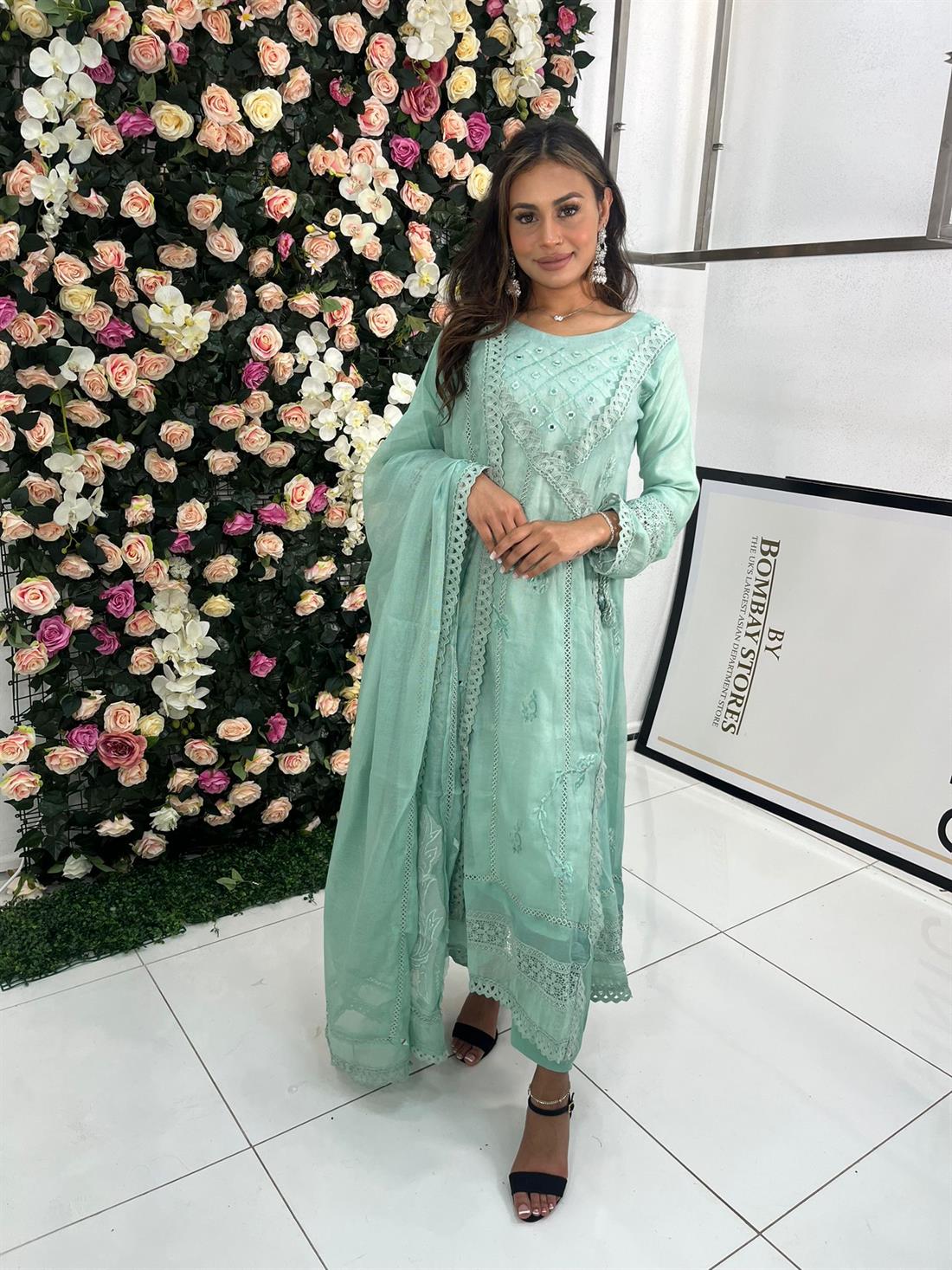 Mint Mirror Work Angrakha Dress with Masoori Cotton Fabric