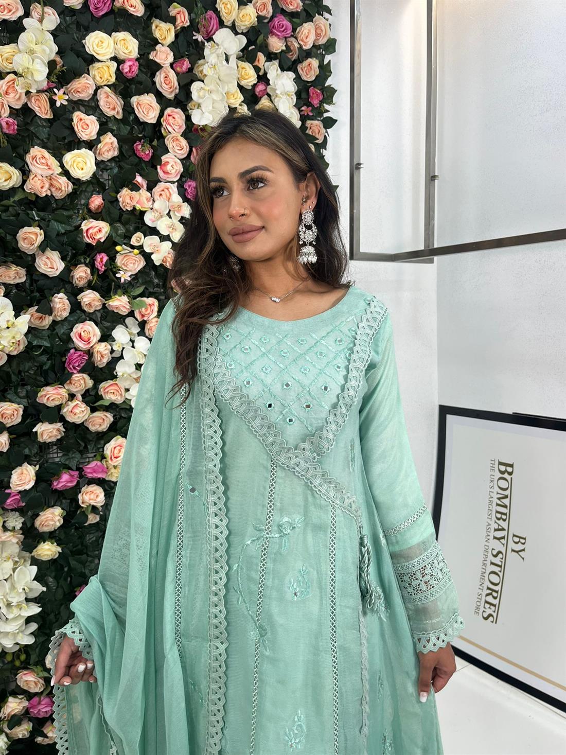 Mint Mirror Work Angrakha Dress with Masoori Cotton Fabric