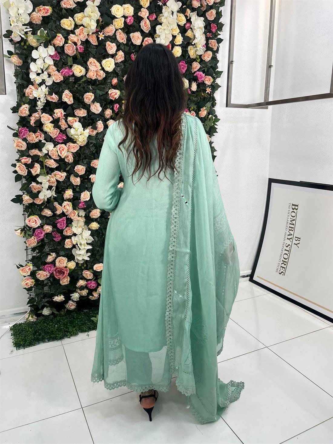Mint Mirror Work Angrakha Dress with Masoori Cotton Fabric