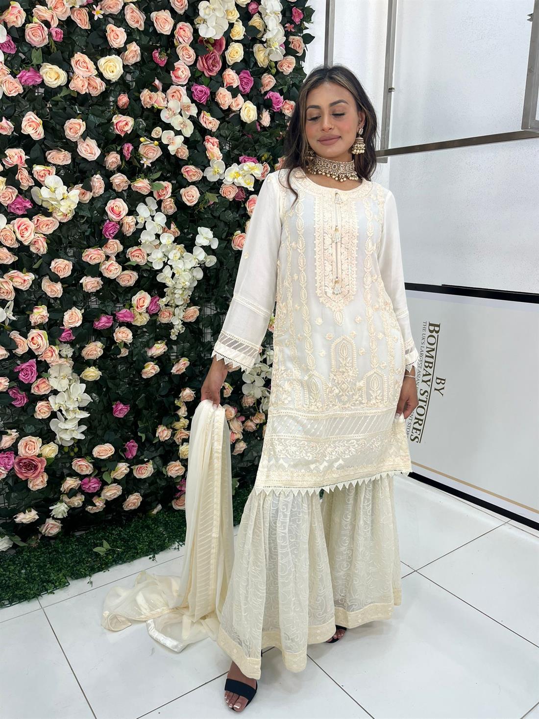Cream Embroidered Stunning Color Chiffon Gharara Suit
