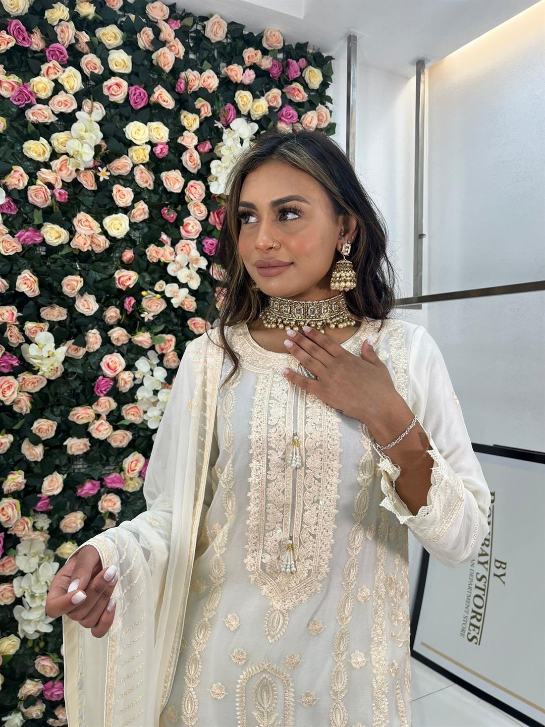 Cream Embroidered Stunning Color Chiffon Gharara Suit
