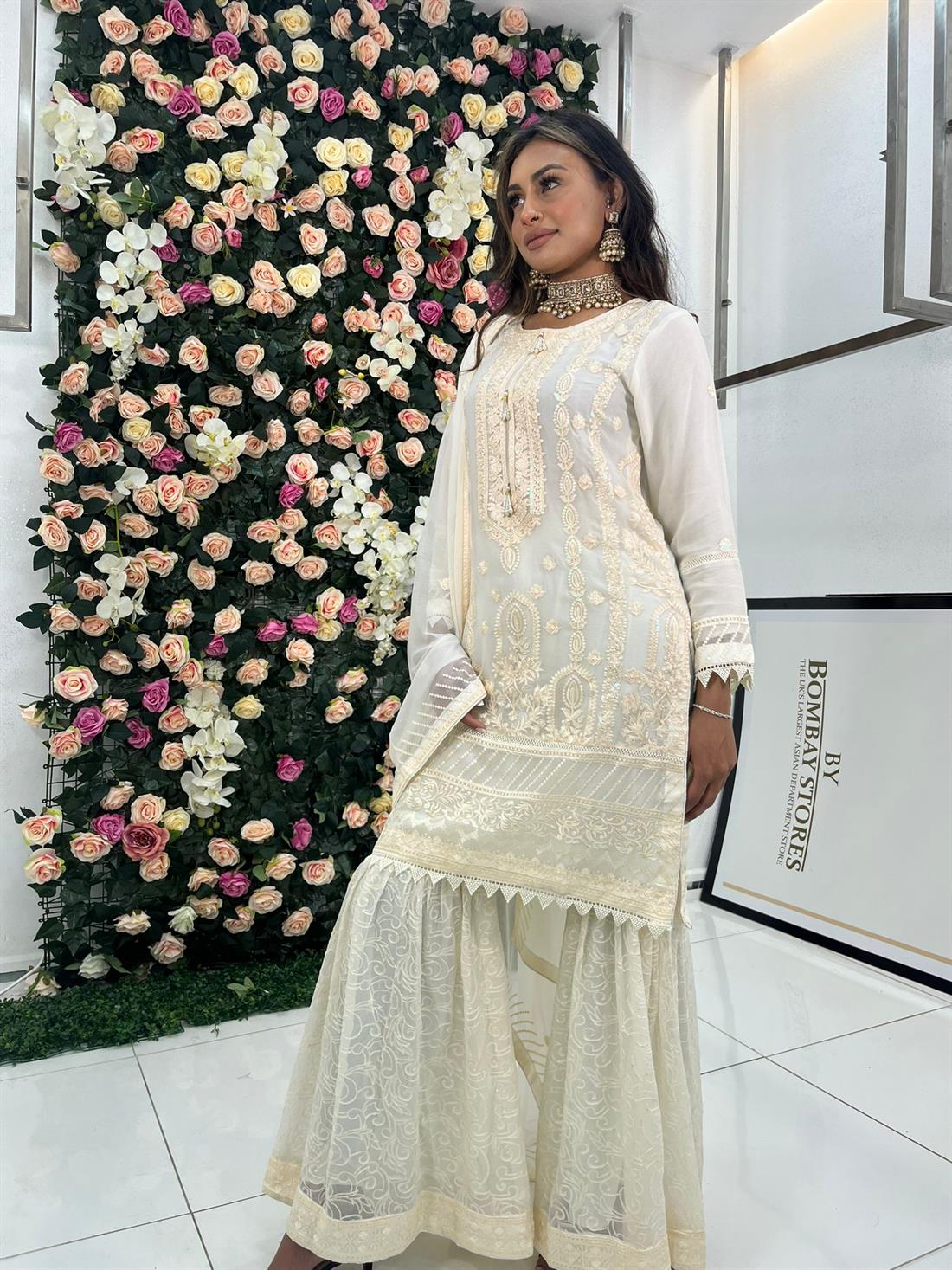 Cream Embroidered Stunning Color Chiffon Gharara Suit